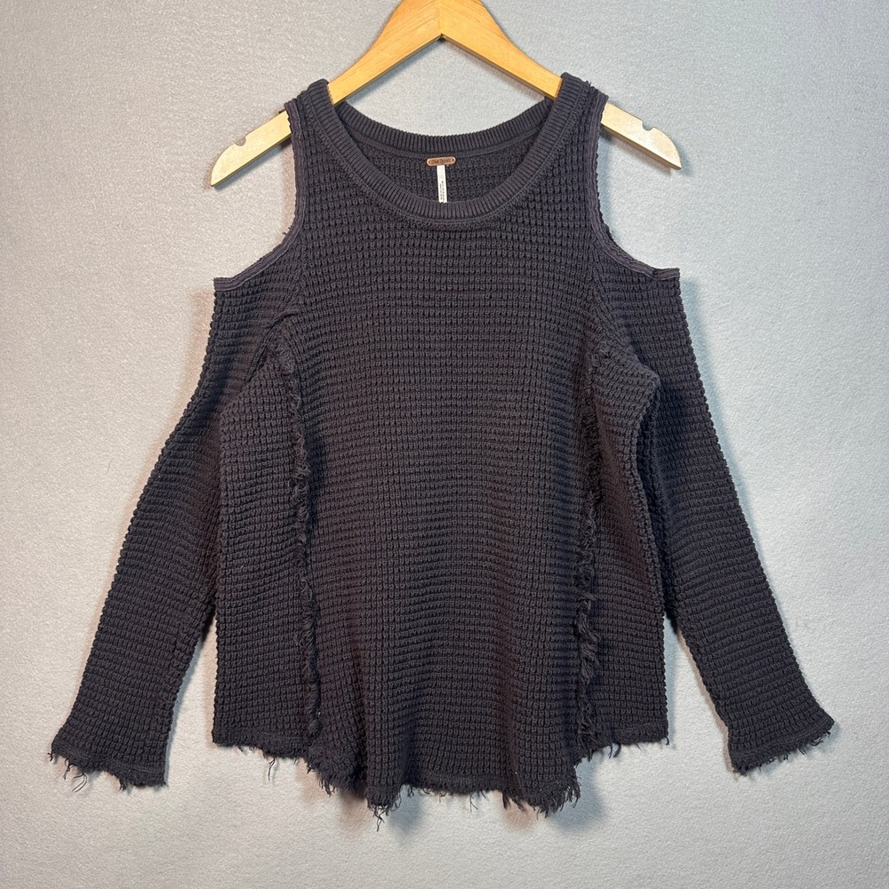 Free People Womens Cold Shoulder Waffle Knit Sweater Charcoal Frayed Indie Small